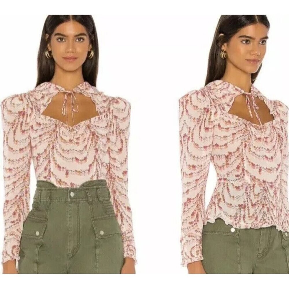 $295 Divine Heritage REVOLVE Long Sleeve Floral Sheer Puff Shoulder Blouse Small